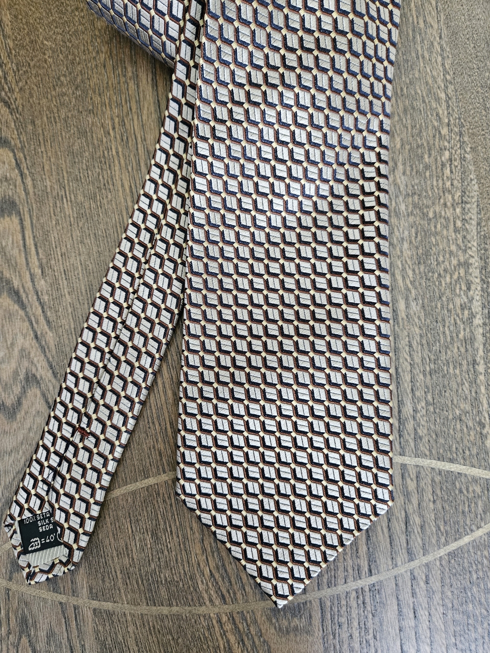 Ermenegildo Zegna Cream, Brown and Navy Geometric Silk Tie